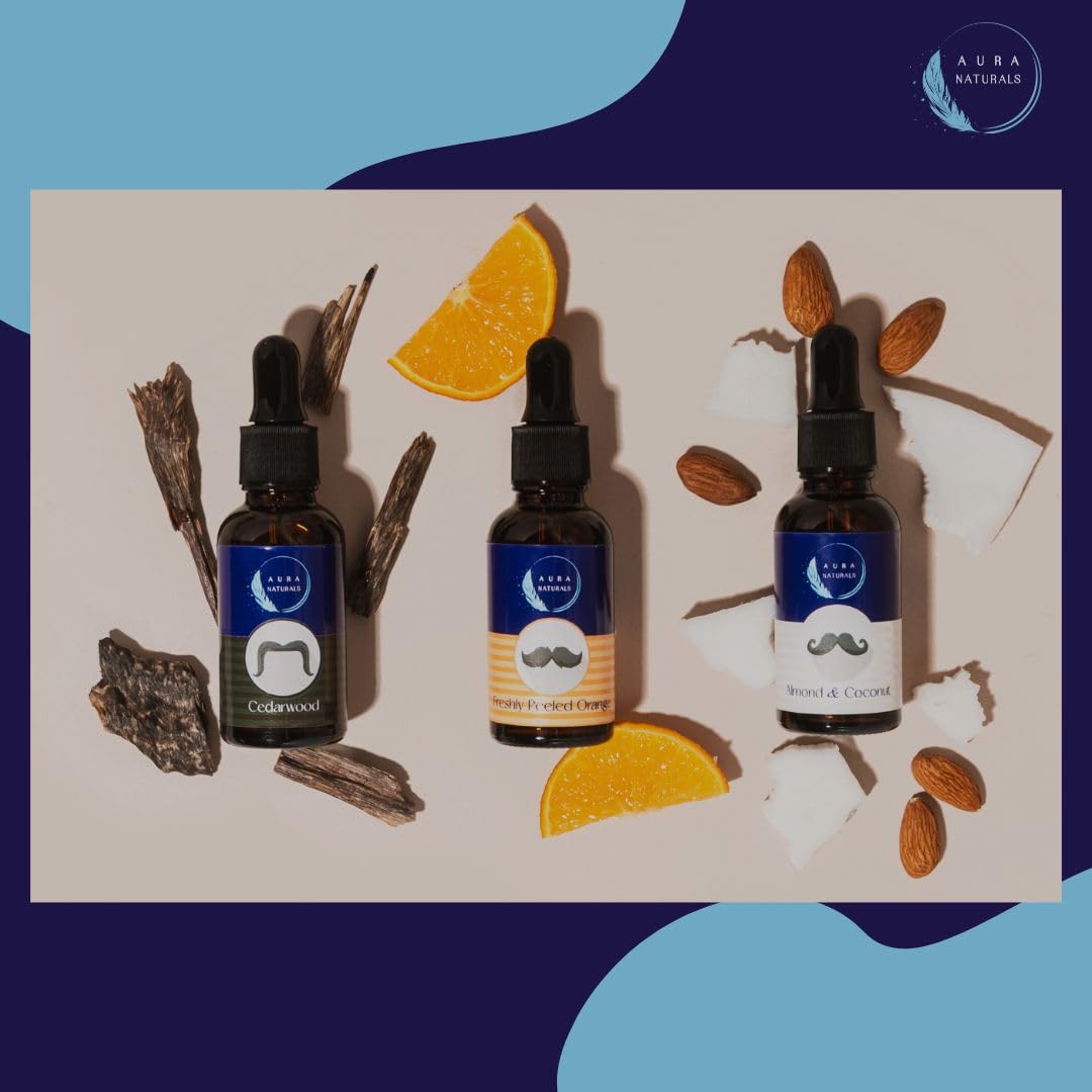 Aura Naturals Beard Oil for Men - Pack of 3 Scented Beard Oils Set with Cedarwood, Orange, and Almond & Coconut (30ml each) – For Care, Thickness, & Growth with Natural Softener Properties