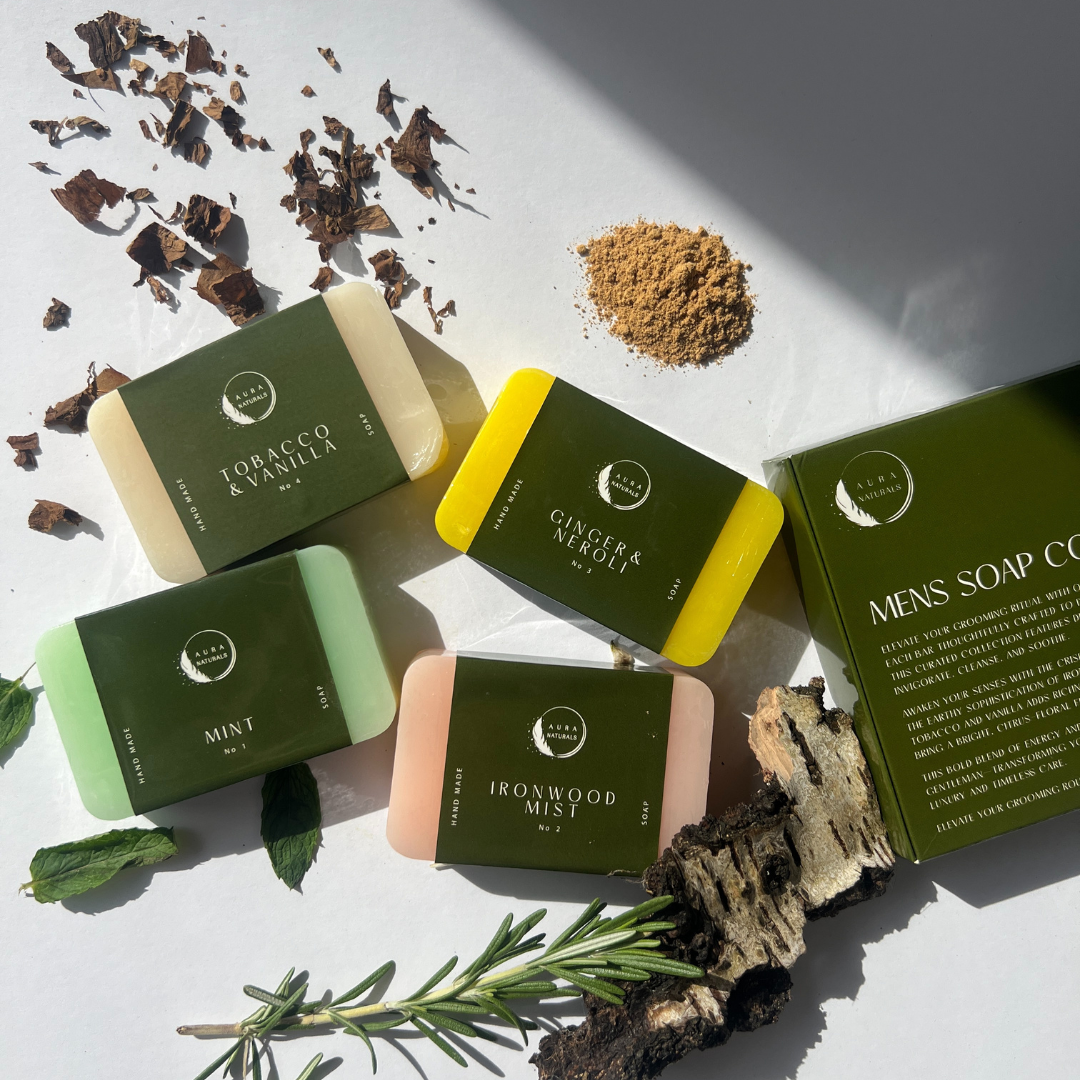 Aura Naturals Mens Soap Bar Set of 4 - Mint, Ironwood Mist, Ginger & Neroli, Tobacco & Vanilla Scented Men Soap for Exfoliating Face Wash, Body & Shower - 150g Each - Luxury Man Spa Gift Pack