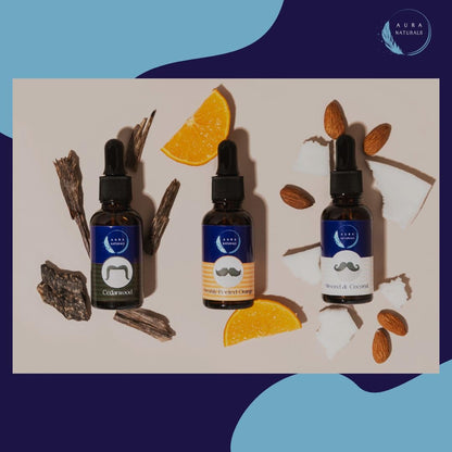 Aura Naturals Beard Oil for Men - Pack of 3 Scented Beard Oils Set with Cedarwood, Orange, and Almond & Coconut (30ml each) – For Care, Thickness, & Growth with Natural Softener Properties