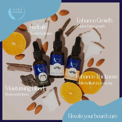 Aura Naturals Beard Oil for Men - Pack of 3 Scented Beard Oils Set with Cedarwood, Orange, and Almond & Coconut (30ml each) – For Care, Thickness, & Growth with Natural Softener Properties