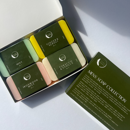 Aura Naturals Mens Soap Bar Set of 4 - Mint, Ironwood Mist, Ginger & Neroli, Tobacco & Vanilla Scented Men Soap for Exfoliating Face Wash, Body & Shower - 150g Each - Luxury Man Spa Gift Pack
