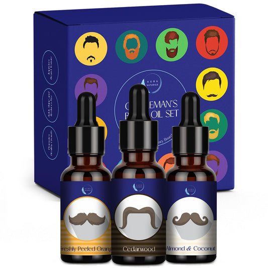 Aura Naturals Beard Oil for Men - Pack of 3 Scented Beard Oils Set with Cedarwood, Orange, and Almond & Coconut (30ml each) – For Care, Thickness, & Growth with Natural Softener Properties
