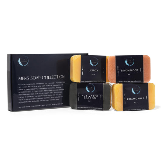 Aura Naturals Mens Soap Bar Pack of 4 - Sandalwood, Lemon, Activated Carbon & Chamomile Scented Men Soap Bar - 150g Exfoliating Soap for Men, Natural Body Soap Gift Set