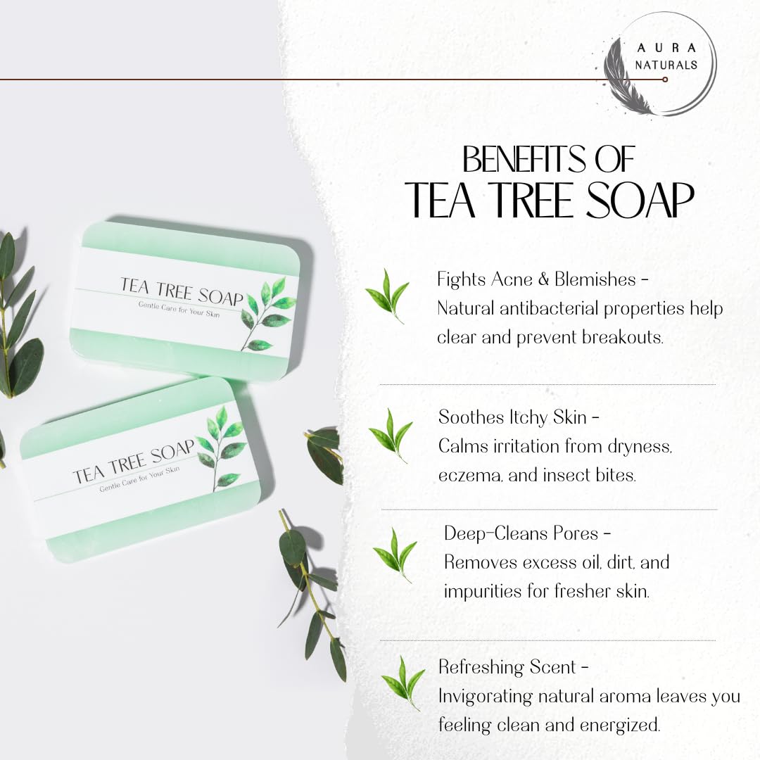 Aura Naturals Tea Tree Soap Bar - Set of 2, Natural Soap Bar for Face & Body Wash, Tea Tree Oil Soap with Anti Fungal Properties for Body Itching Acne Athlete's Foot Folliculitis