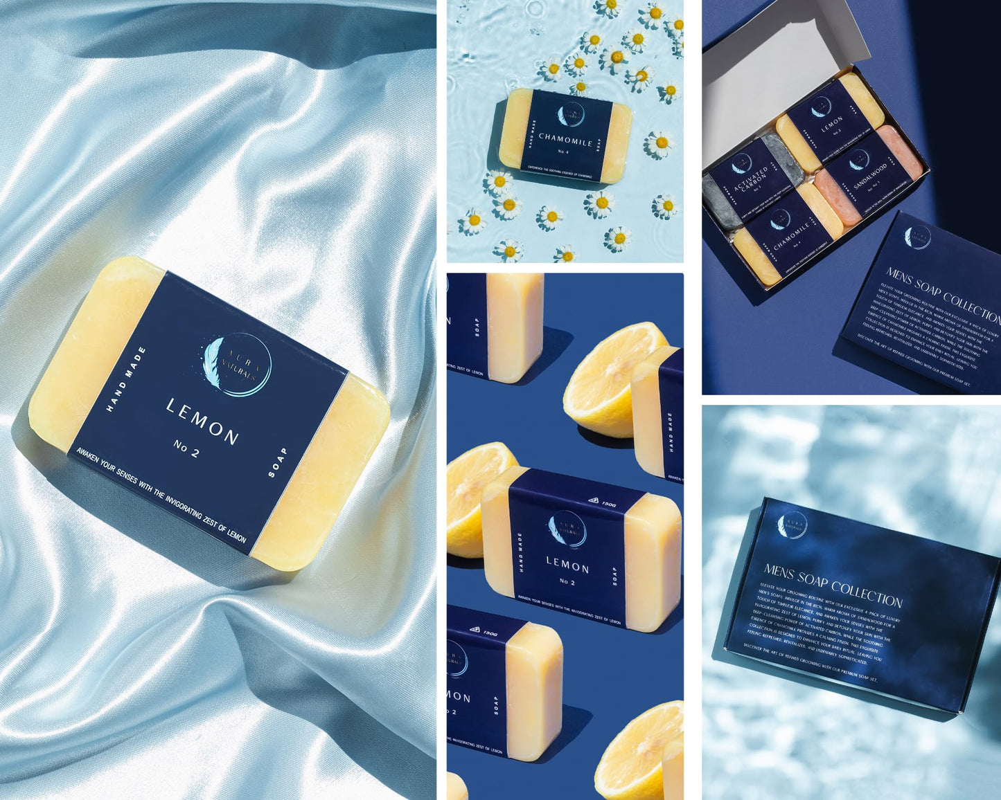 Aura Naturals Mens Soap Bar Pack of 4 - Sandalwood, Lemon, Activated Carbon & Chamomile Scented Men Soap Bar - 150g Exfoliating Soap for Men, Natural Body Soap Gift Set