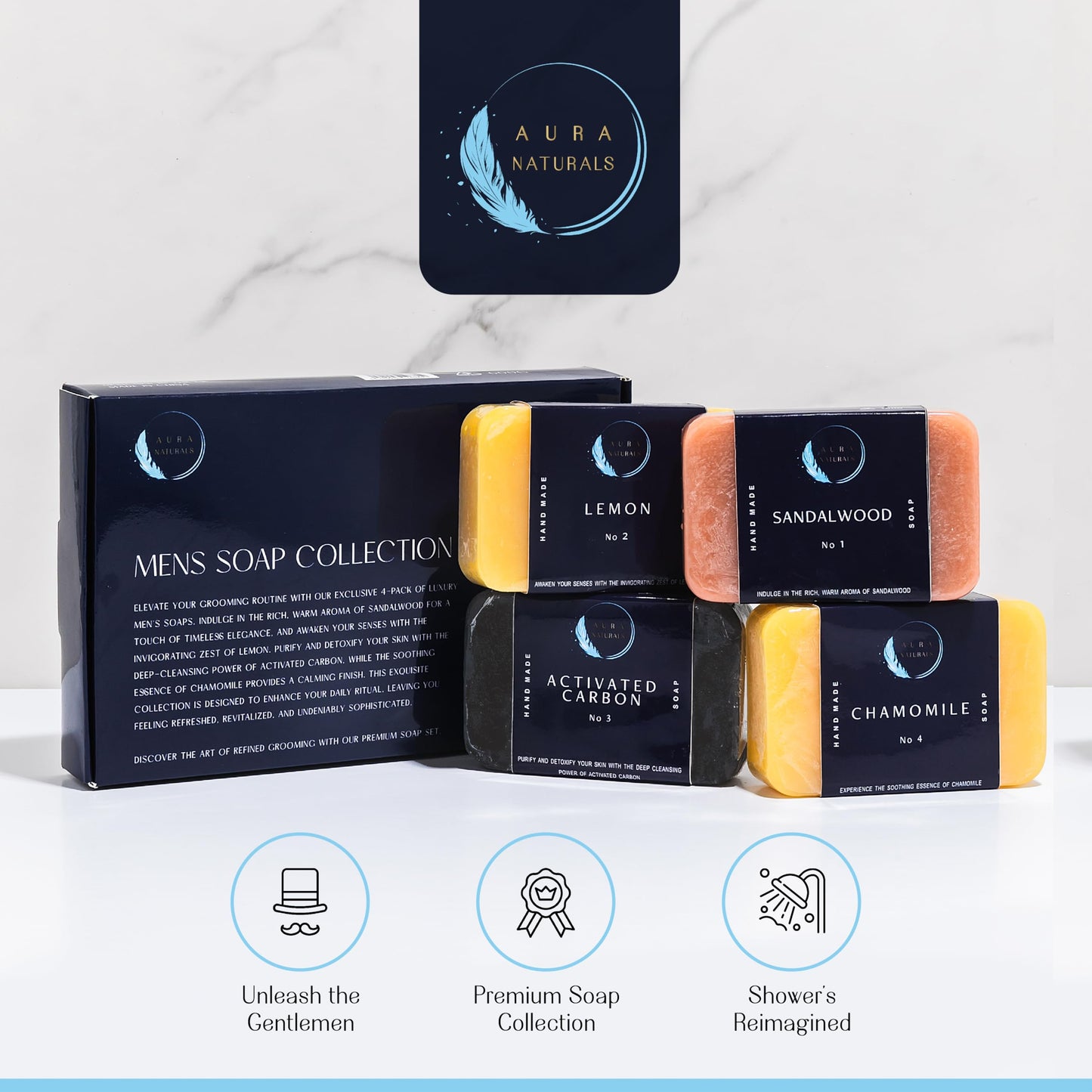 Aura Naturals Mens Soap Bar Pack of 4 - Sandalwood, Lemon, Activated Carbon & Chamomile Scented Men Soap Bar - 150g Exfoliating Soap for Men, Natural Body Soap Gift Set