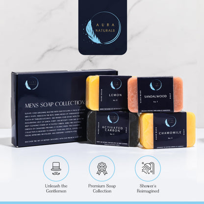 Aura Naturals Mens Soap Bar Pack of 4 - Sandalwood, Lemon, Activated Carbon & Chamomile Scented Men Soap Bar - 150g Exfoliating Soap for Men, Natural Body Soap Gift Set